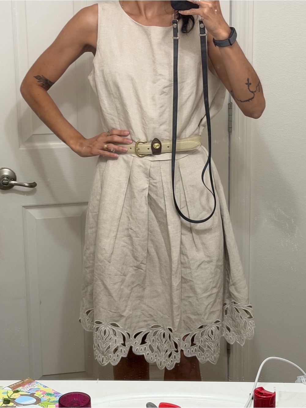 Tahari Arthur S. Levine Linen Blend Embroidered Hem Fit & Flare Dress Size 12